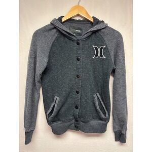 Hurley‎ Varsity Jacket Mens Dark Gray Embroidered Logo Snap Front Style Hooded